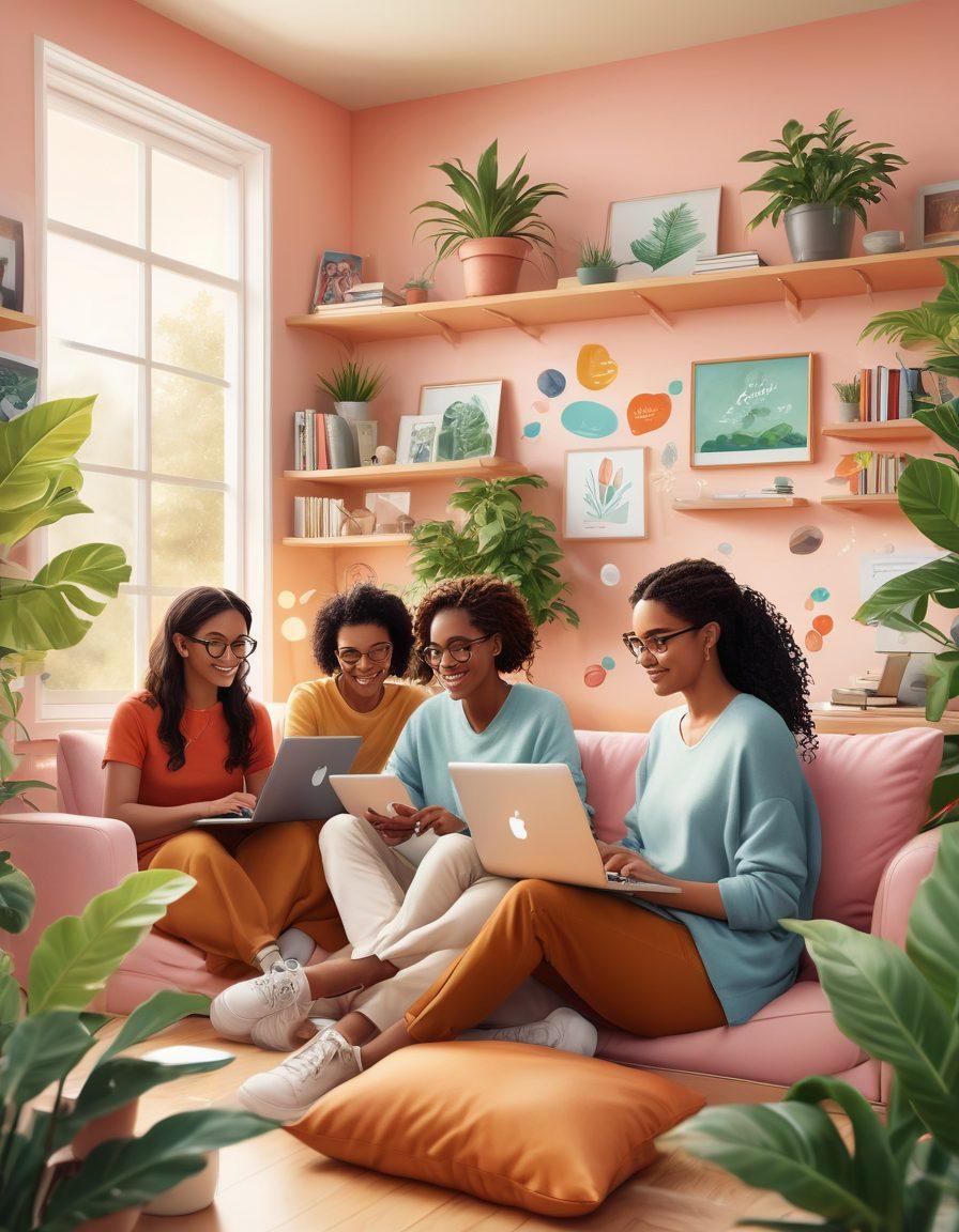 A vibrant, digital illustration of a diverse group of people engaging on their laptops and devices in a cozy community setting, with elements like coffee cups and conversation bubbles floating around them, symbolizing collaboration and engagement. The background features a soft, inviting color palette with plants and bookshelves. super-realistic. vibrant colors. cozy atmosphere.