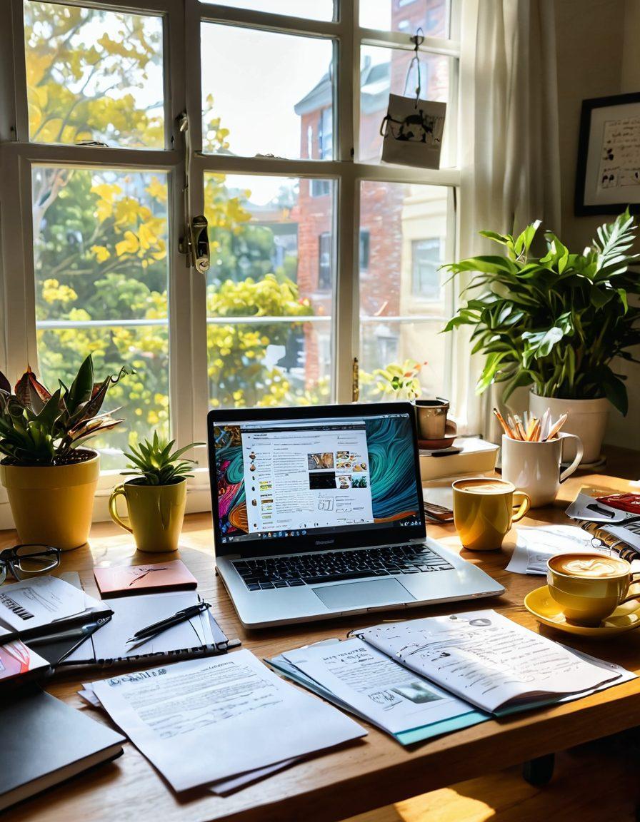 A vibrant workspace featuring a laptop open to a blogging platform with an inspired writer typing passionately, colorful sketches and notes scattered around, a steaming cup of coffee beside them. In the background, a vision board filled with content strategies and creative writing prompts. Bright sunlight streaming in through a large window creating an inviting atmosphere. vector art. vibrant colors.