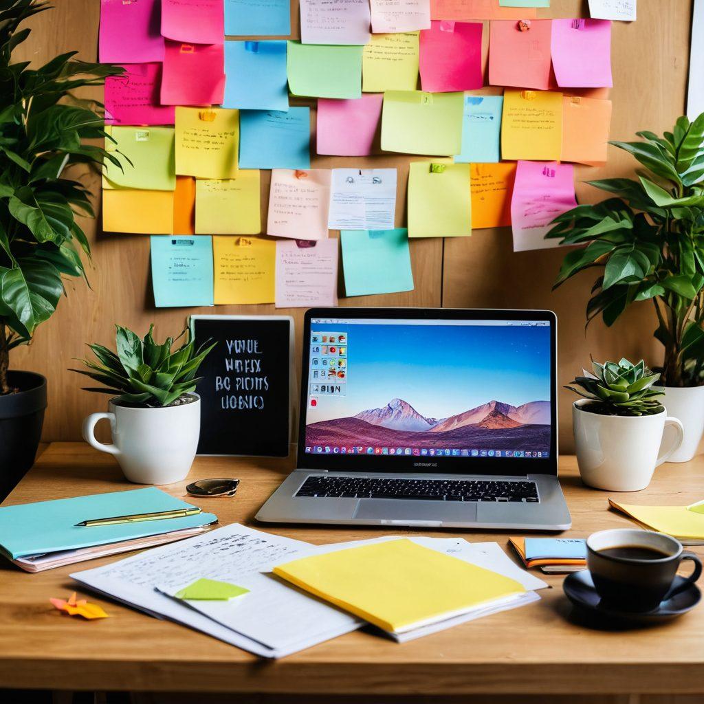 A stylish laptop on a wooden desk, surrounded by colorful sticky notes and an open journal filled with ideas, with a warm cup of coffee beside it. In the background, a modern, cozy workspace with creative posters and lush plants to symbolize inspiration and storytelling. The scene should convey an engaging and dynamic atmosphere of creativity and productivity. super-realistic. vibrant colors. warm lighting.